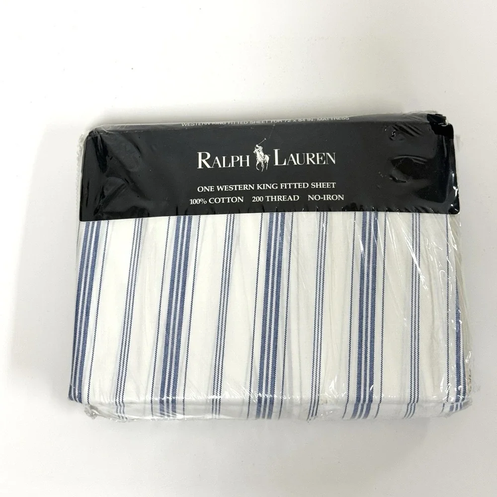 Rare Vintage Ralph Lauren Village Stripe White Blue Fitted Sheet - Cal King